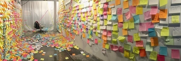 Obraz 壁全面と床に貼り付けられた付箋のイメージ