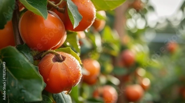 Fototapeta Growing persimmon harvest and producing vegetables cultivation. Concept of small eco green business organic farming gardening and healthy food