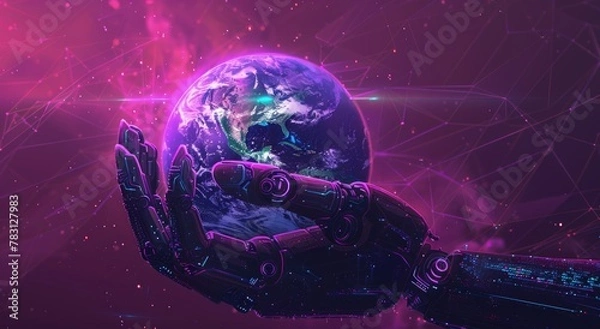 Fototapeta Robot hand holding planet Earth, concept of artificial intelligence, technological advancement.
