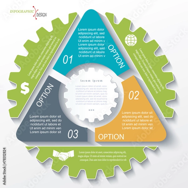 Fototapeta Business concept design with triangle, cogwheel and 3 segments.