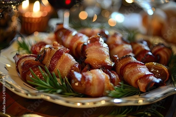 Fototapeta A plate of bacon-wrapped dates being prepared for a New Years Eve party