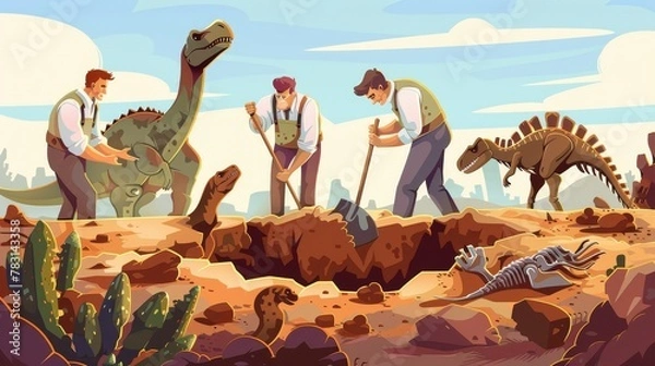 Fototapeta Archaeologists, paleontologists working on excavations digging soil layers with shovels, exploring fossilized dinosaurs fossil skeletons bones cartoon modern illustration.