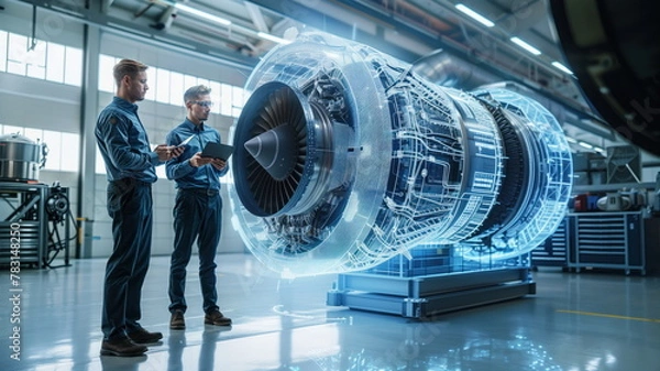 Fototapeta Two engineers analyzing a jet engine blueprint holographically.