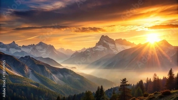 Fototapeta Sunrise in the mountains: bright colors.Mountain landscape: sunrise photo.Mesmerizing sunrise in the mountains: photos in bright colors.Landscape with a mountain dawn: a photo for your home or office.