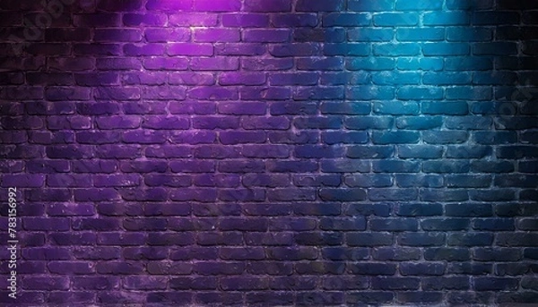 Fototapeta Grunge purple brick wall illuminated by vibrant blue and pink neon lights, creating an urban industrial atmosphere with a modern twist.