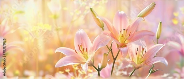 Fototapeta Beautiful blooming lily flower minimalist fantasy background, A bouquet of lilies in a vase in daylight, fresh light pink yellow white color lily flower poster nature background,