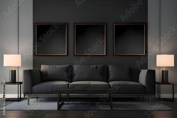 Fototapeta Living room with three accent canvas square painting picture. Frames for art on a black wall. Gallery in dark colors with a gray sofa. 