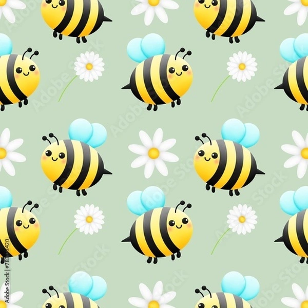 Fototapeta Honey bees and daisy flowers on a green background repeating pattern