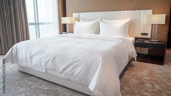 Fototapeta modern hotel bedroom interior design with white walls, bed, pillows and blanket.