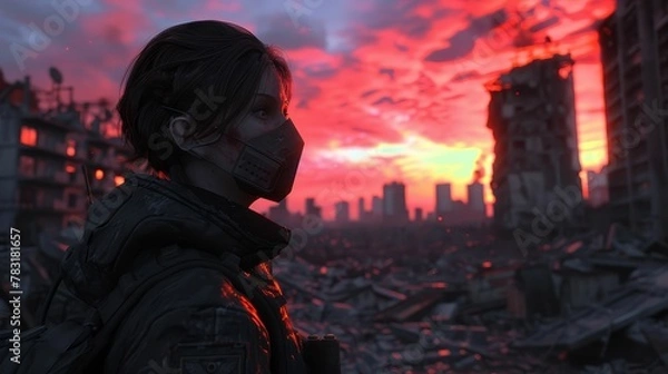 Fototapeta Resistance fighter, mask on, navigating the city ruins under a bloodred sky 3D render, Backlights, Chromatic Aberration, Closeup shot
