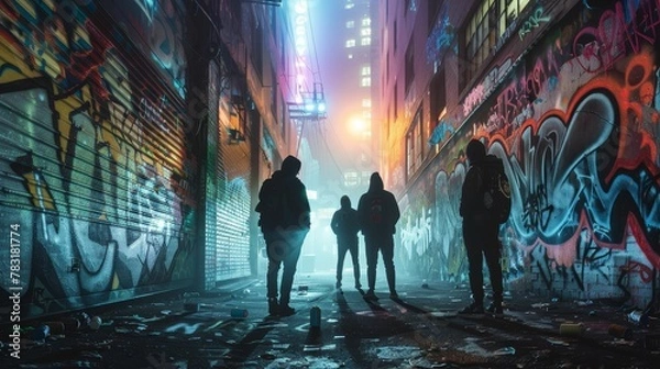 Obraz Rival gangs, turf war, graffiticovered alleyways, dramatic confrontation, foggy night, photography, silhouette lighting, double exposure, Panoramic view