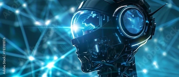 Fototapeta Robot, holographic display, exploring the creation and discovery of virtual time capsules, showcasing digital landscapes Realistic, Backlights, Double Exposure, Lowangle view