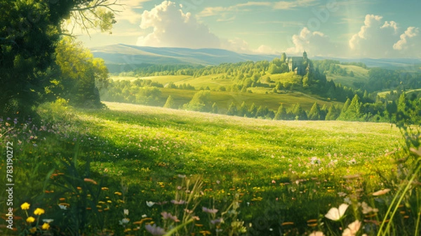 Obraz landscape with field and sun