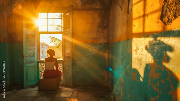 Obraz Photojournalistic image of a young. woman sitting in an empty apartment in Cuba. Soft warm sunlight streaming in as she sits and watches the world go by. Chipped, peeling paint.