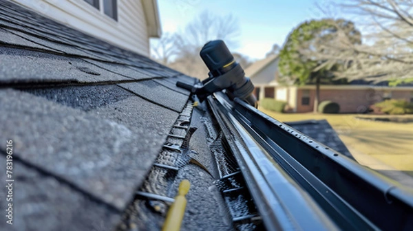 Fototapeta Roof and gutters cleaning. Specialized equipment and tools used in gutter cleaning