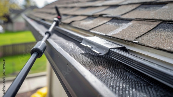 Fototapeta Roof and gutters cleaning. Specialized equipment and tools used in gutter cleaning