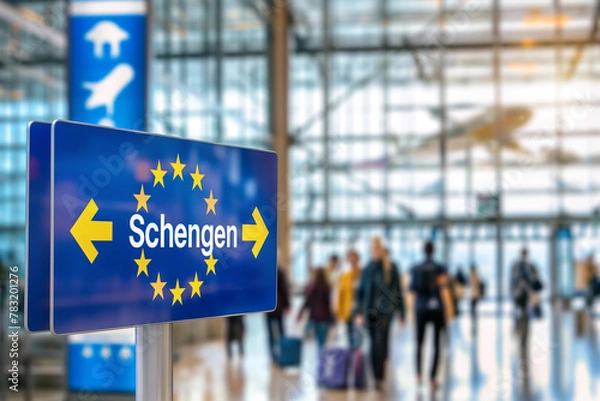 Fototapeta Busy Airport Terminal with Schengen Sign, European Travel Concept with Copy Space