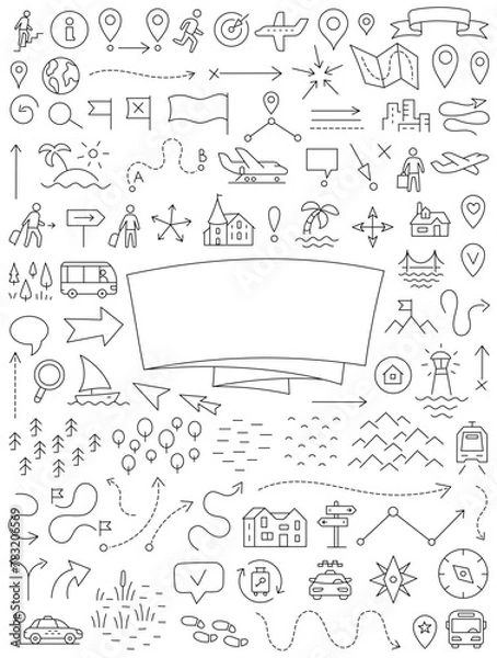 Fototapeta Yearbook travelers notes cover. Map set doodle background. Copy space. Vector editable outline stroke.