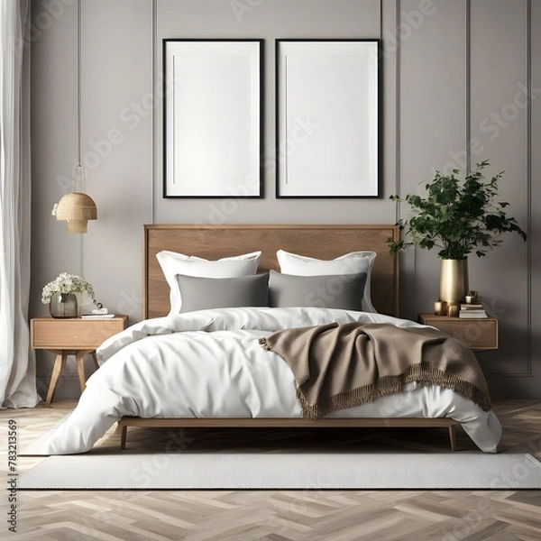 Fototapeta mockup frame in bedroom interior background 3d render.