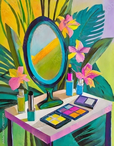 Obraz flowers and makeup on a vanity table