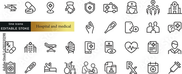 Fototapeta Digital healthcare and telemedicine editable stroke outline icons set isolated on white background flat vector illustration. Pixel perfect. 64 x 64.
