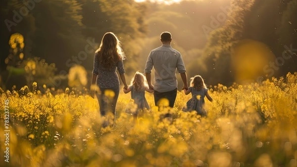 Fototapeta A family of four is walking through a field of yellow flowers