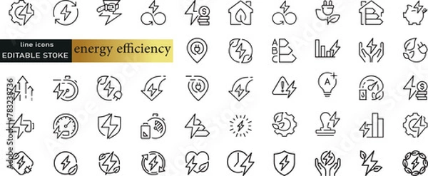 Fototapeta Line icons about energy efficiency and saving. Sustainable development. Thin line icon set. Symbol collection in transparent background. Editable vector stroke. 512x512 Pixel Perfect