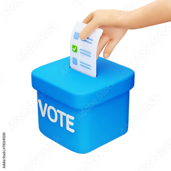Obraz 3d cartoon hand casting vote into blue ballot box. Hand putting ballot paper in vote box. Design element for election campaign. Vector illustration of 3d render.