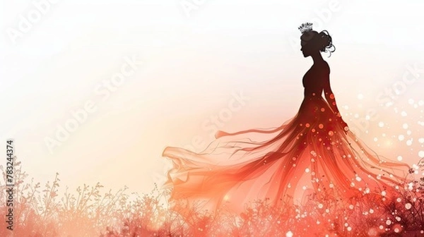Fototapeta banner background International Beauty Pageant Day theme, and wide copy space, Silhouette of a woman in a flowing dress with a crown above her head, set against a plain backdrop