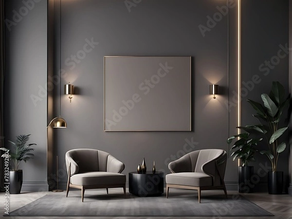 Fototapeta Luxury living room in dark color. Gray walls, warm light and lounge furniture - taupe chairs. Empty space for art or picture. Rich interior design. Mockup of a lounge room or hall reception. 3d render