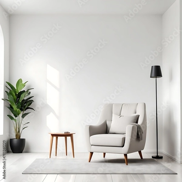 Obraz Interior of a bright living room with armchair on empty white wall background.