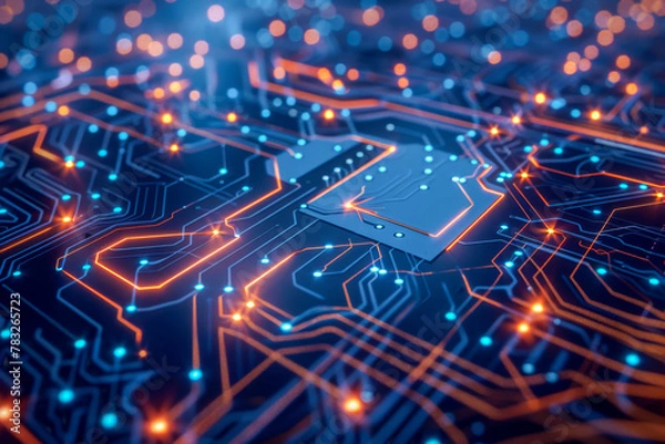 Fototapeta Futuristic Circuit Board with Glowing Lights Technology Concept