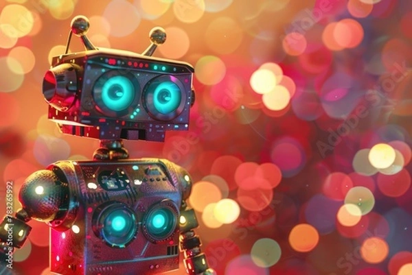 Fototapeta A toy robot standing in front of a colorful backdrop. Suitable for technology and creativity concepts