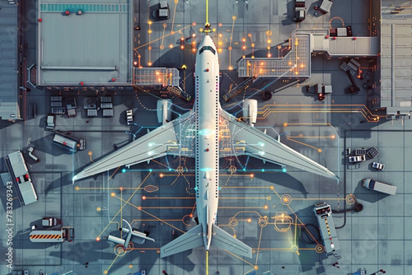 Fototapeta Aerial view of an airplane at the gate with ground service