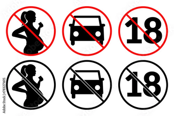 Obraz Prohibition sign Of Pregnant Woman Drinking Alcohol, no 18, no drive. Vector icon set for whiskey alcohol bottle