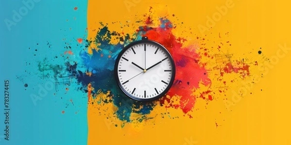 Fototapeta Time Flows in Chaos: Paint-Splattered Clock on Vibrant Background
