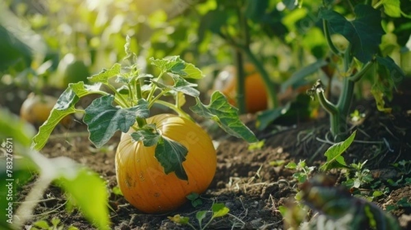Fototapeta A pumpkin sitting in the middle of a field. Suitable for autumn themes