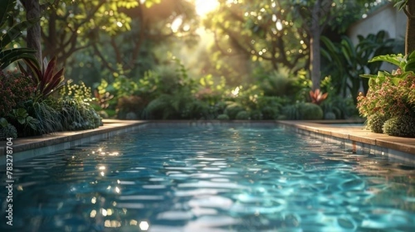 Obraz  Lush poolside garden basking in the golden sunlight of dawn