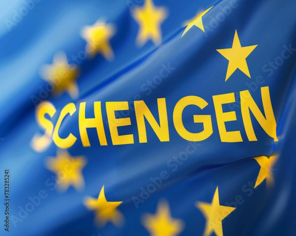 Obraz European Schengen Flag Waving, Concept of Continental Unity, Blue with Yellow Stars