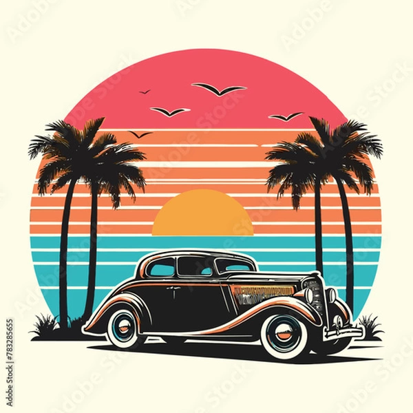 Fototapeta car with sunset and retro-style palm vector t shirt design 