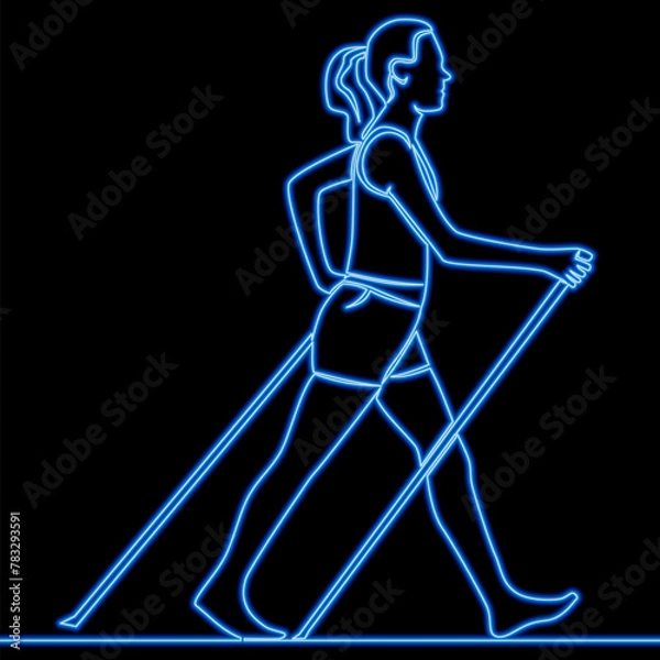 Fototapeta A young woman walks on foot with walking sticks. Nordic walking icon neon glow vector illustration concept