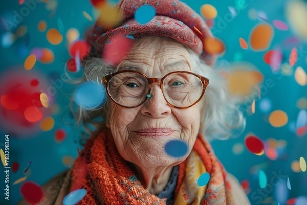 Fototapeta Grandmother colored portraits set in the studio. Concepts about seniority and third age. Funny old woman making party and celebrate