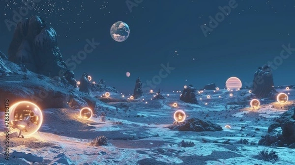 Obraz Glowing objects in an empty expanse   AI generated illustration