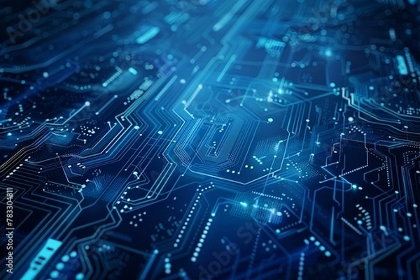 Fototapeta Płyta elektroniczna w niebieskich odcieniach – symbol nowoczesnej technologii, AI i elektroniki przyszłości