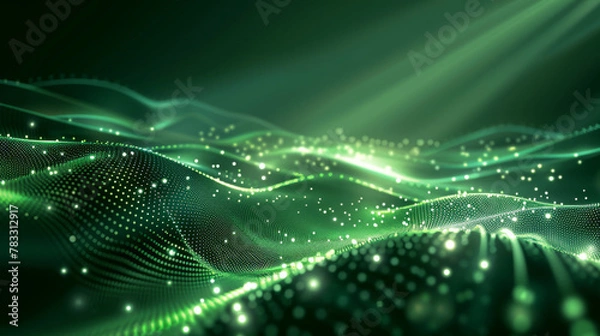 Fototapeta Dynamic futuristic digital technology wave background with abstract green particles. Glowing light