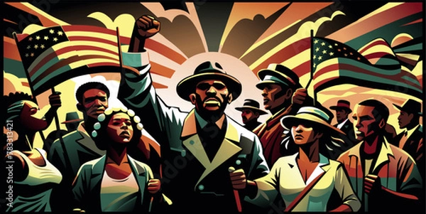 Fototapeta Pride Africa with raised fists, symbol of african struggle. Black history month. African american people marching for freedom and equality, commemorating juneteenth