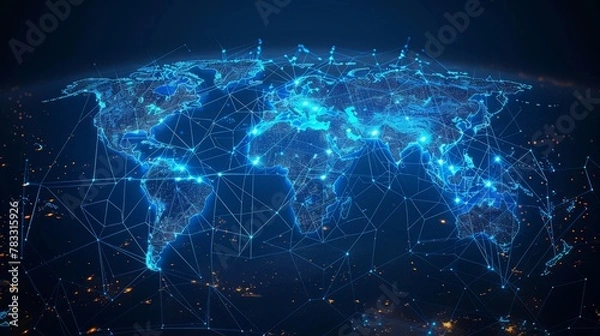 Fototapeta Glowing world map on dark background. Globalization concept. Communications network map of the world. Technological futuristic background. World connectivity and global networking concept