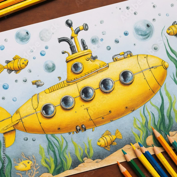 Fototapeta Colored pencil children's drawing of a yellow submarine, fish, underwater on paper, on table with color pencil