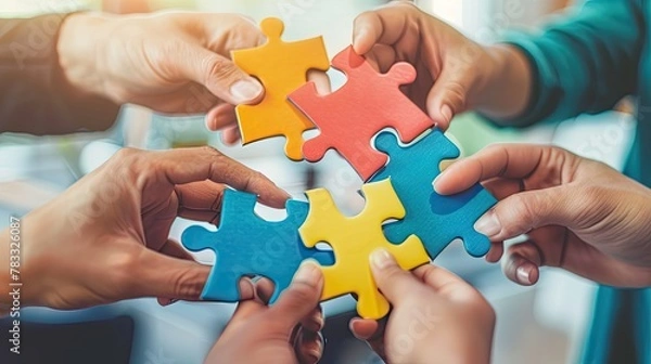 Fototapeta People's hands assembling puzzle pieces, concept of collaboration and sharing ideas.