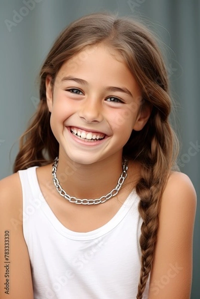 Obraz Pretty Young Girl Smiling to Camera Showing White Teeth Close-up Portrait on a Plane Background